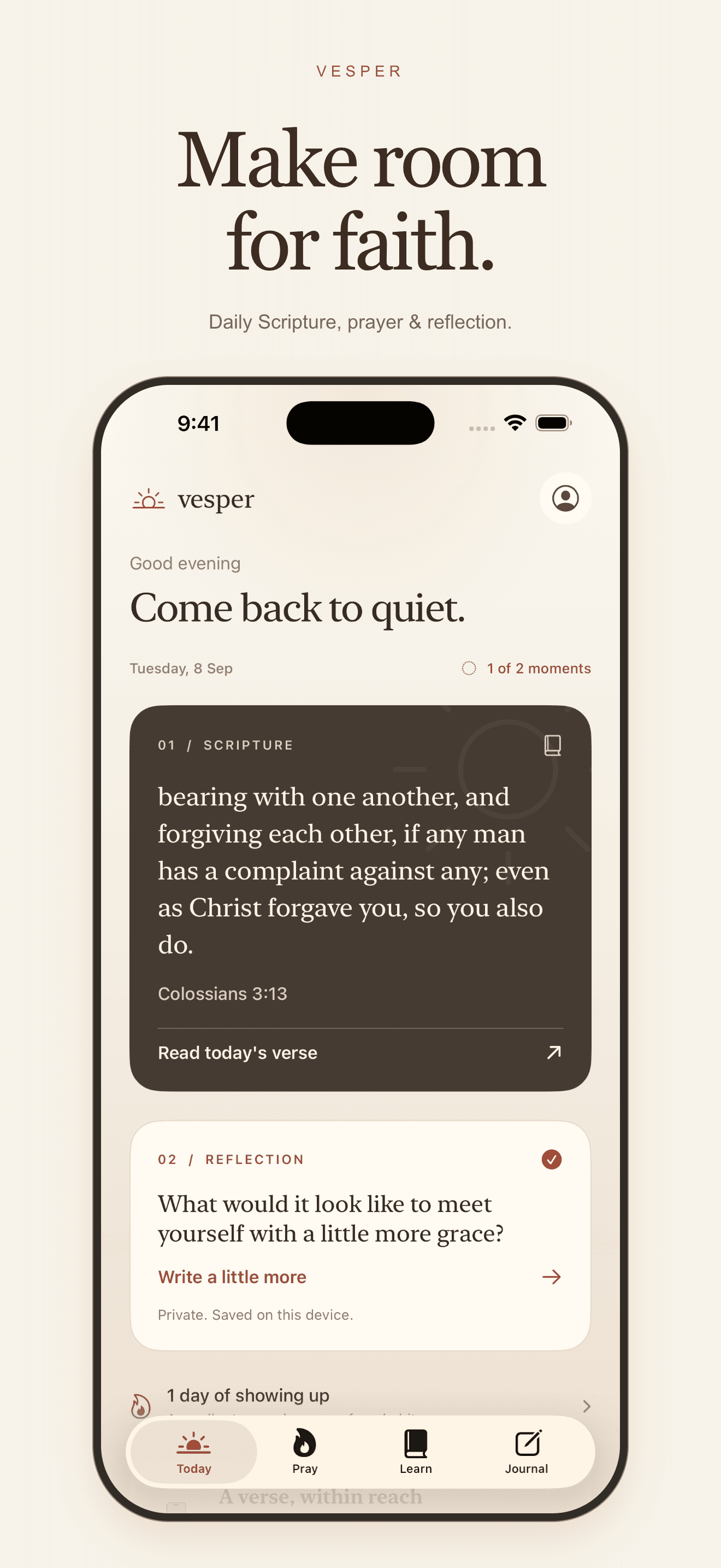 Vesper Today in light mode with the daily Bible passage and a personal reflection prompt.