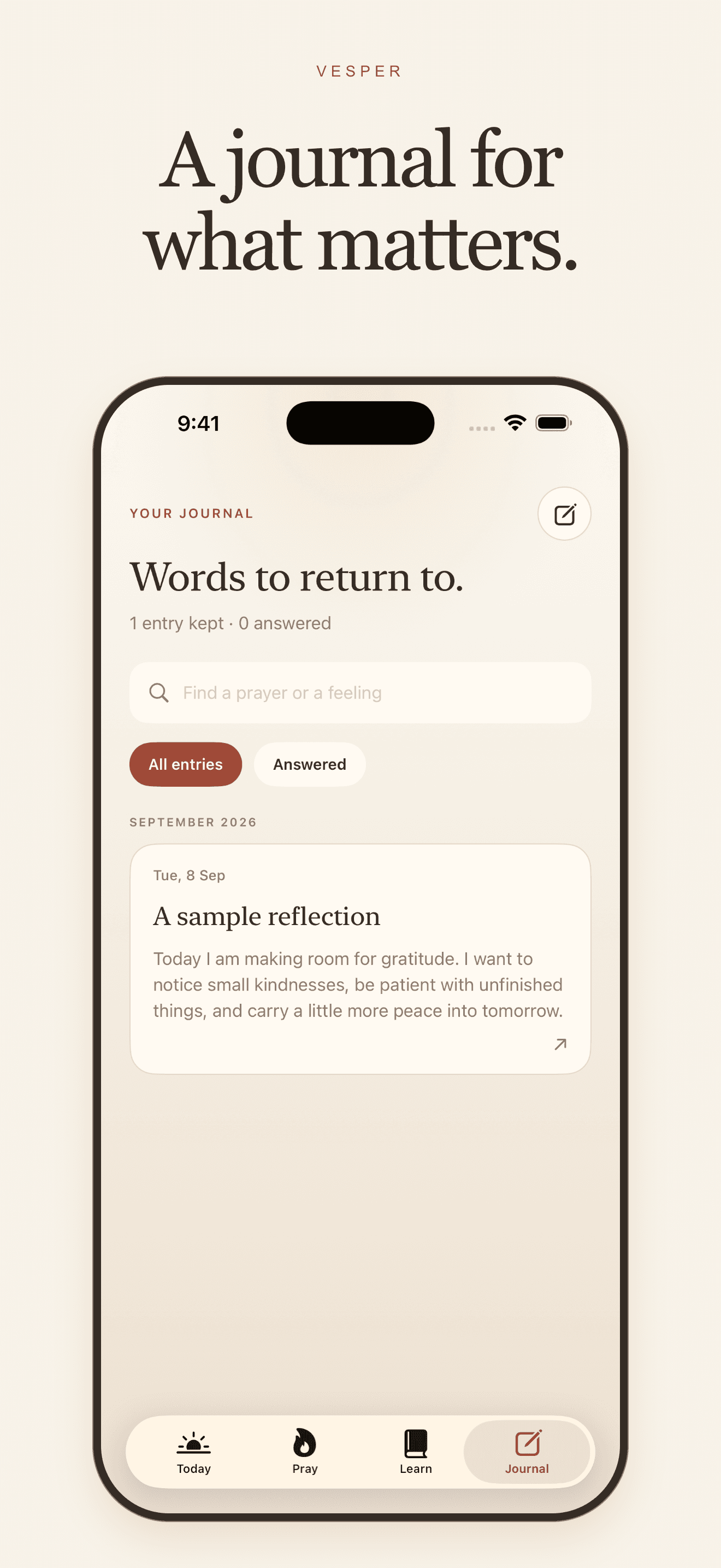 Vesper Journal in light mode with a saved sample reflection about gratitude.